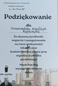 dyplom z podziękowaniem za udzial w pikniku